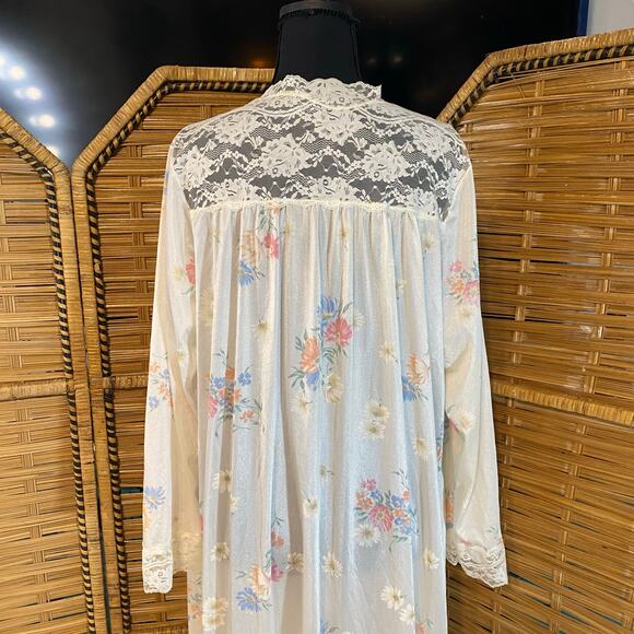 Vintage Gilead Floral Lace Nylon Robe Medium 70s Peignoir Cottagecore Nightgown - Picture 11 of 11
